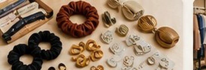 Assorted hair accessories, scrunchies and clips laid out