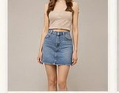 Model wearing a denim maong skirt