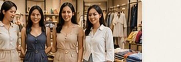 Four women posing in ready-to-wear outfits inside the store