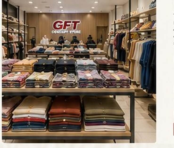 Inside the GFT Concept Store, racks of folded knitwear and clothing on display