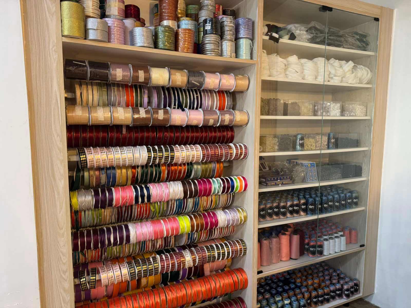 Assorted accessories, ribbons, and threads